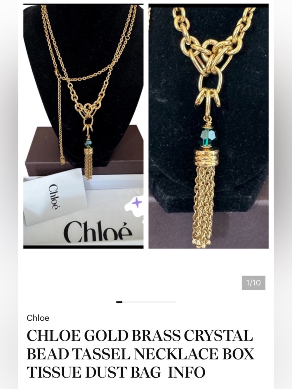 CHLOE GOLD BRASS CRYSTAL BEAD TASSEL NECKLACE BOX TISSUE DUST BAG  INFO - Picture 4 of 13